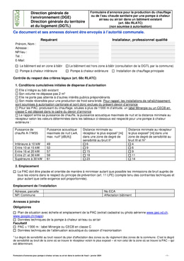 Formulaire d'annonce pour la production de chauffage ou de l'eau chaude sanitaire par une pompe à chaleur air/eau.